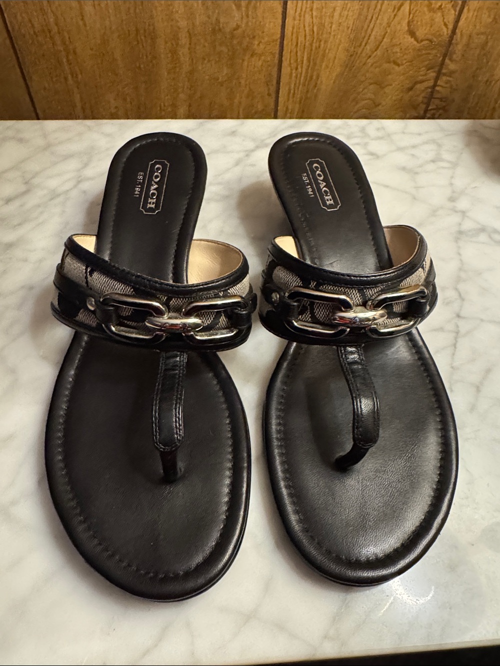 Coach Black Leather Thong Wedge Monogram Sandals with Silver Chain Accent